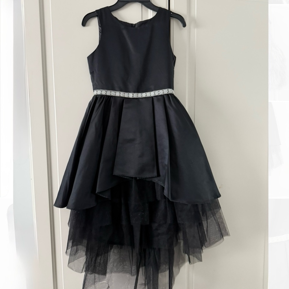Rare Editions Elegant Black Kids Dress with Tulle Skirt and rhinestone waist
